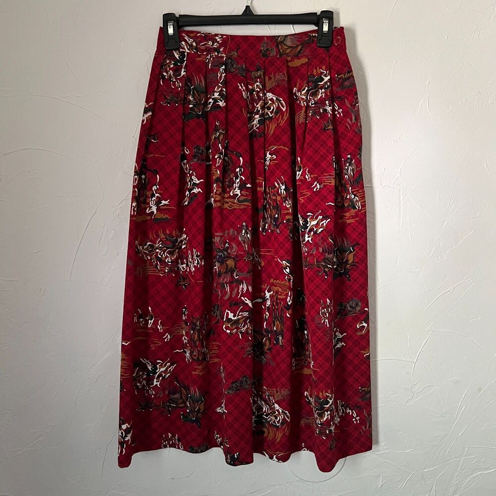 Vintage Leslie Fay Red Equestrian Horse Print Midi Skirt Derby Prairie Size 8P - Picture 11 of 12